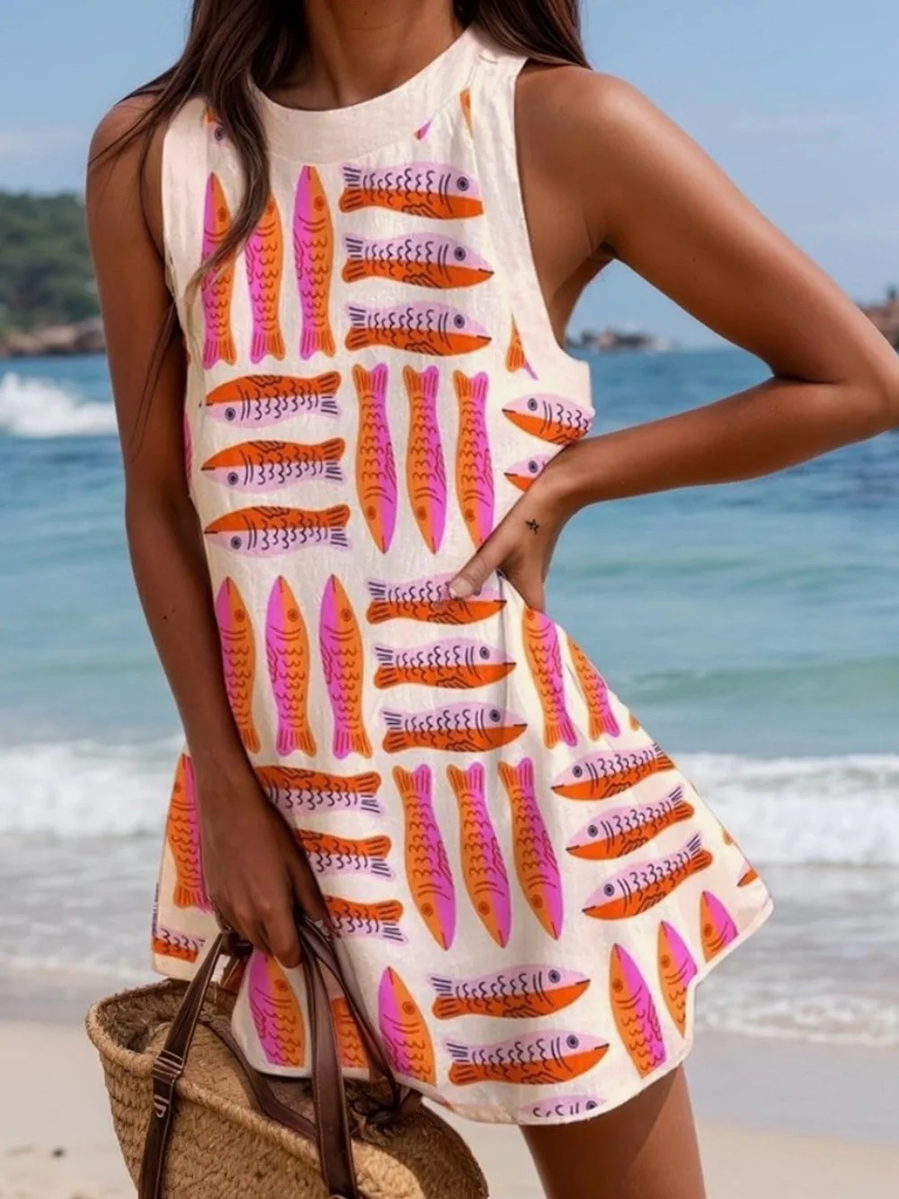 Sleeveless Cream Beach Dress with Pink & Orange Fish Print